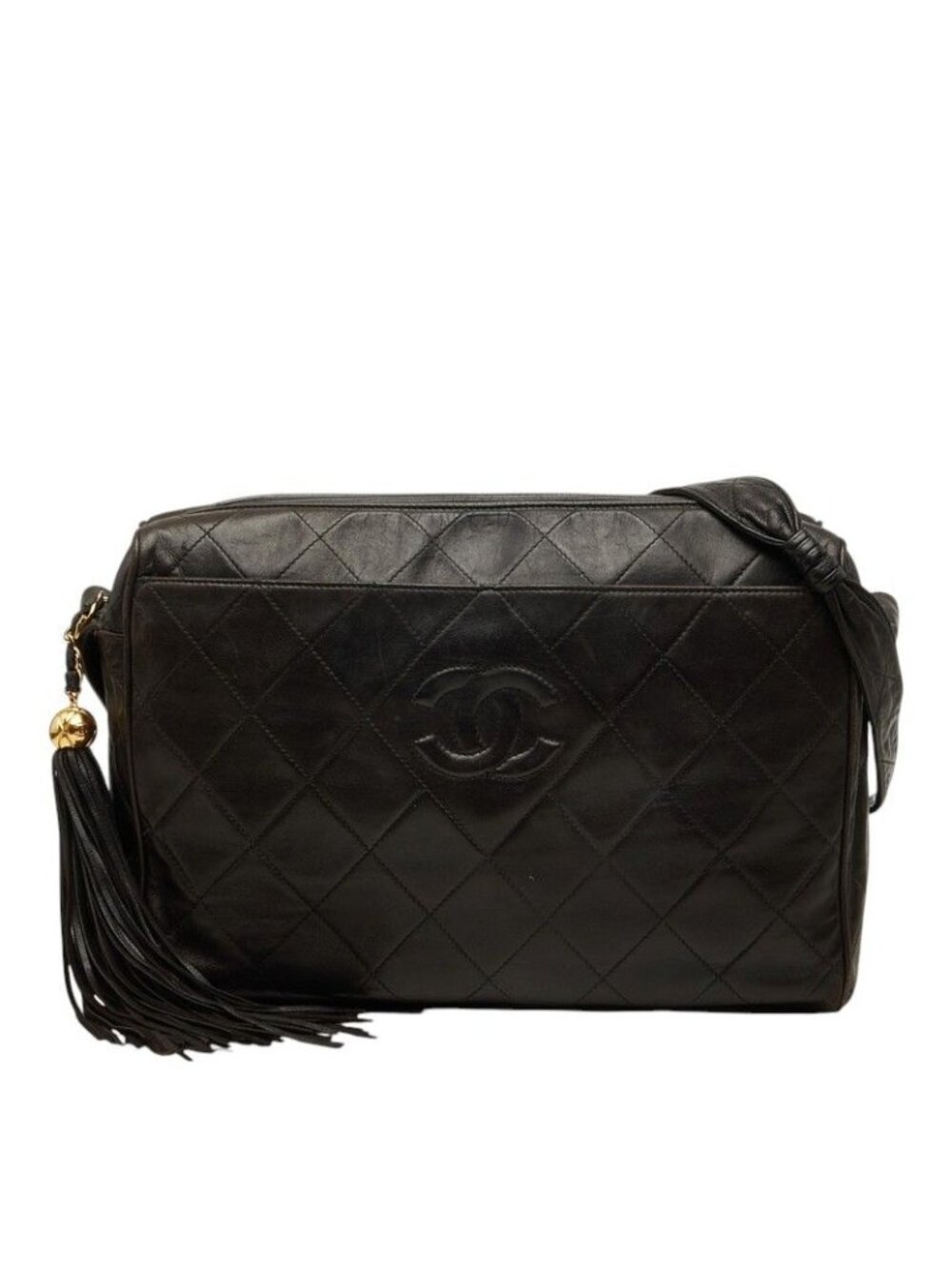 Chanel CC Logo Quilted 30 Fringe Shoulder Bag Black Gold Lambskin